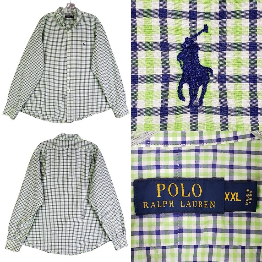 Polo Ralph Lauren Oxford Shirt Men's Size XXL Lime Green Plaid LS Button Down